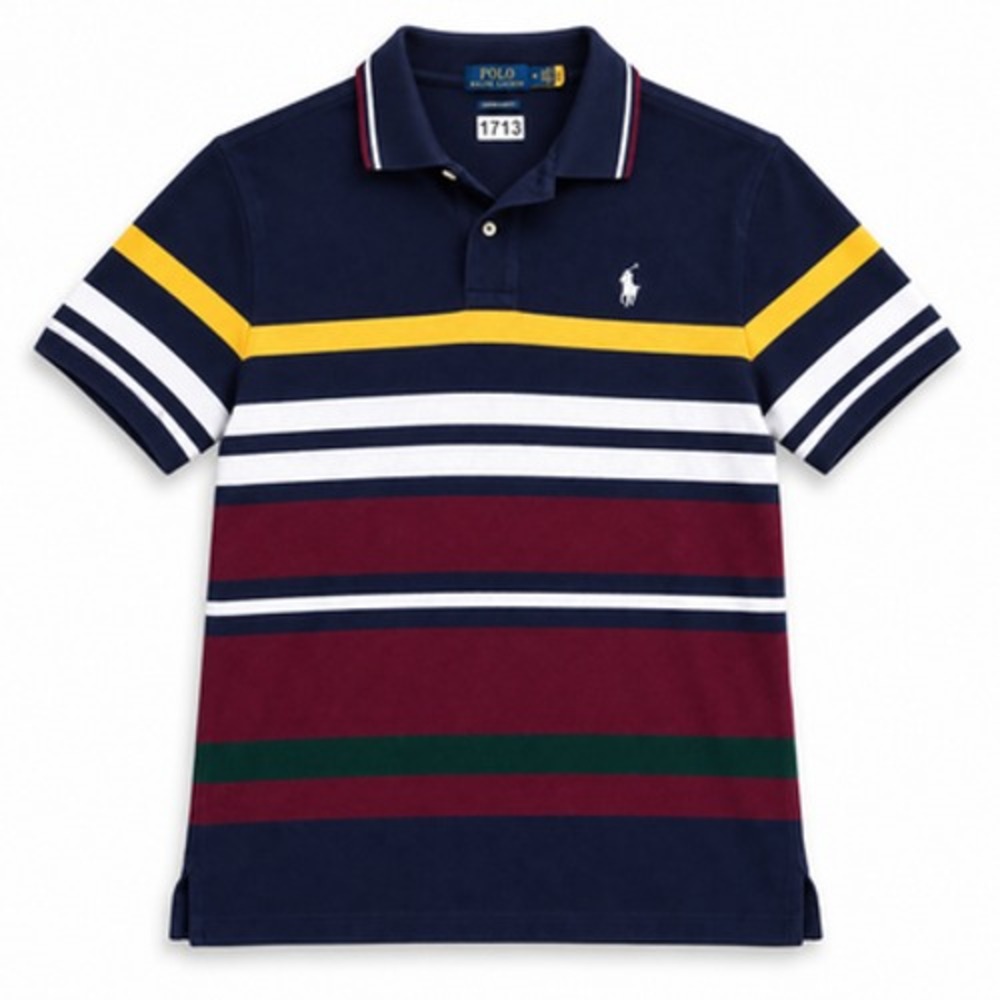 Polo Ralph Lauren Men's M Navy Striped Custom Slim Fit Cotton Pique Polo